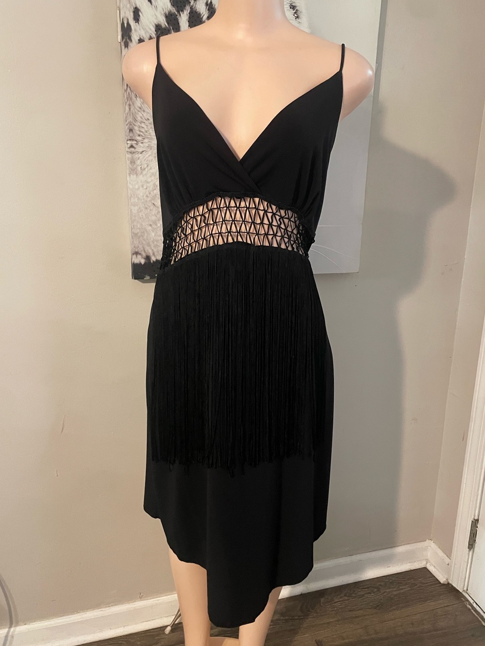 RAG vintage 90s Fringe Cutout Spaghetti Strap Dress flapper inspired XL Black co
